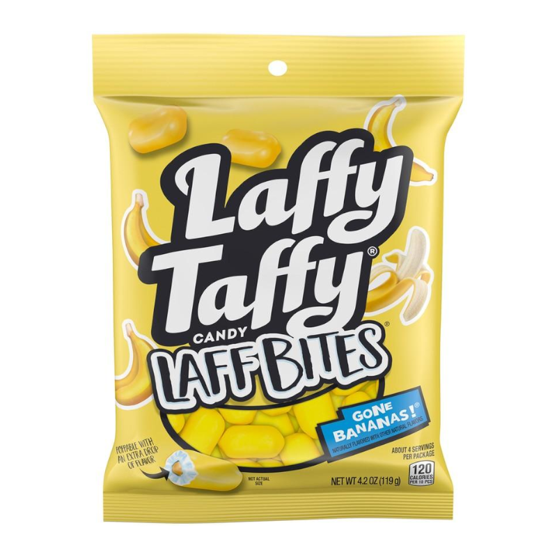 Front of Laffy Taffy Laff Bites Banana bag showing bright yellow packaging, the brand logo, banana graphics, and the 119g weight.