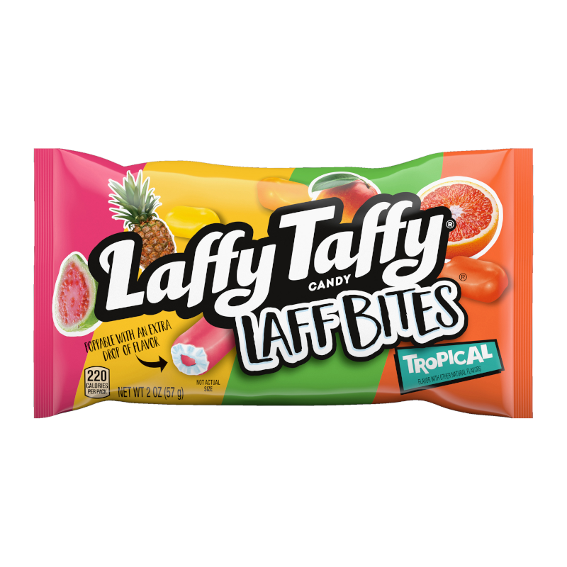 Front of Laffy Taffy Laff Bites Tropical bag showing colourful fruit illustrations, logo, and 57g pack size.