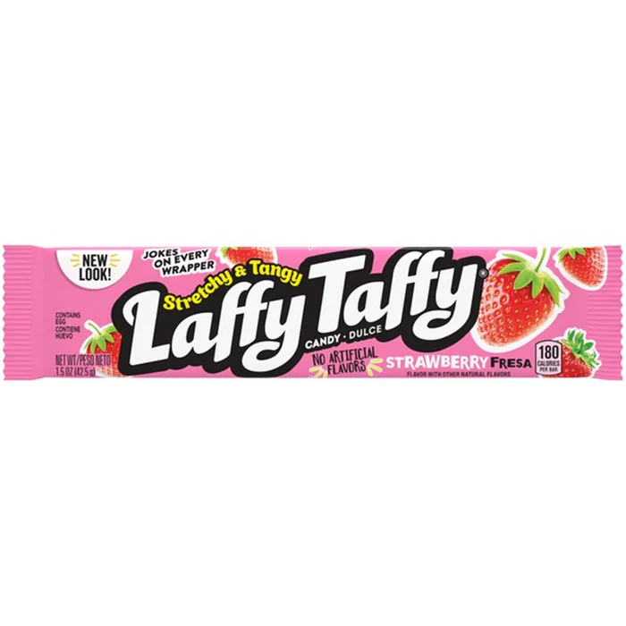 Front of Laffy Taffy Stretchy and Tangy Strawberry Bar showing bright pink packaging with logo, strawberry imagery, and 42.5g pack size.