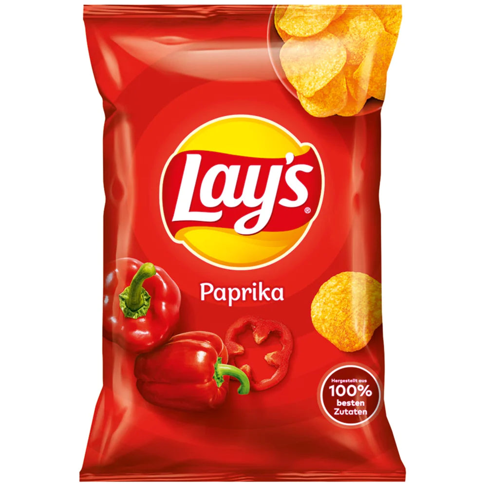 Front of Lay's Paprika bag showing the logo, vibrant red colour, paprika imagery, and 130g pack size.