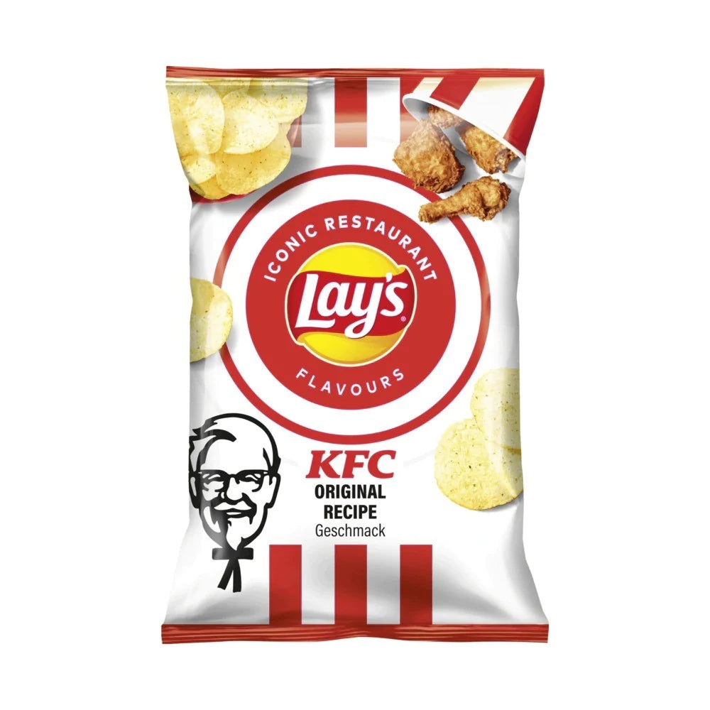 Front of Lay's KFC Original Recipe bag showing the logo, iconic KFC flavour imagery, and potato crisps (150g pack)