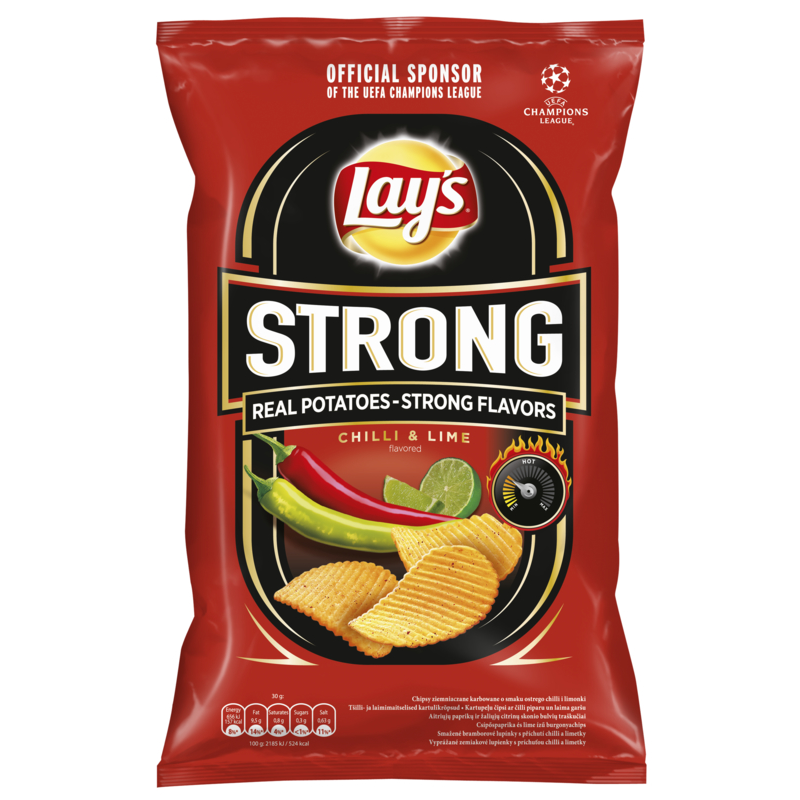 Front of Lay's Strong Chilli & Lime bag showing bold logo, chilli and lime graphics, and ridged crisps (120g pack)