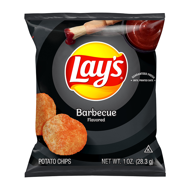 Front of Lay's Barbecue potato chips bag featuring the Lay's logo, barbecue flavour label, and two crispy chips (28.3g pack)