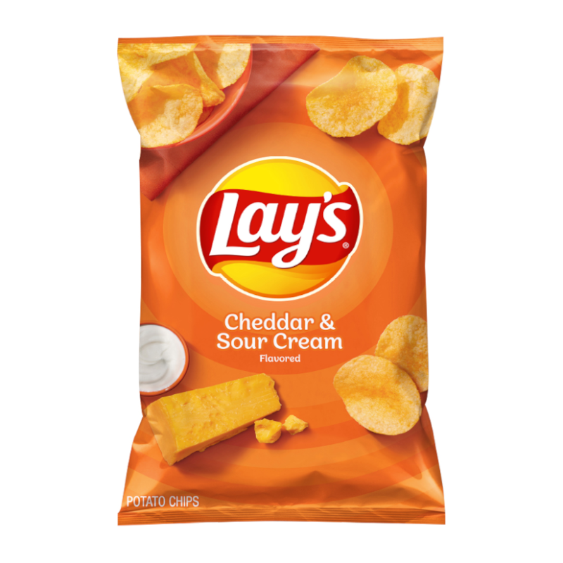 Front of Lay's Cheddar & Sour Cream bag featuring the logo, flavour label, and image of crisps (184g pack)