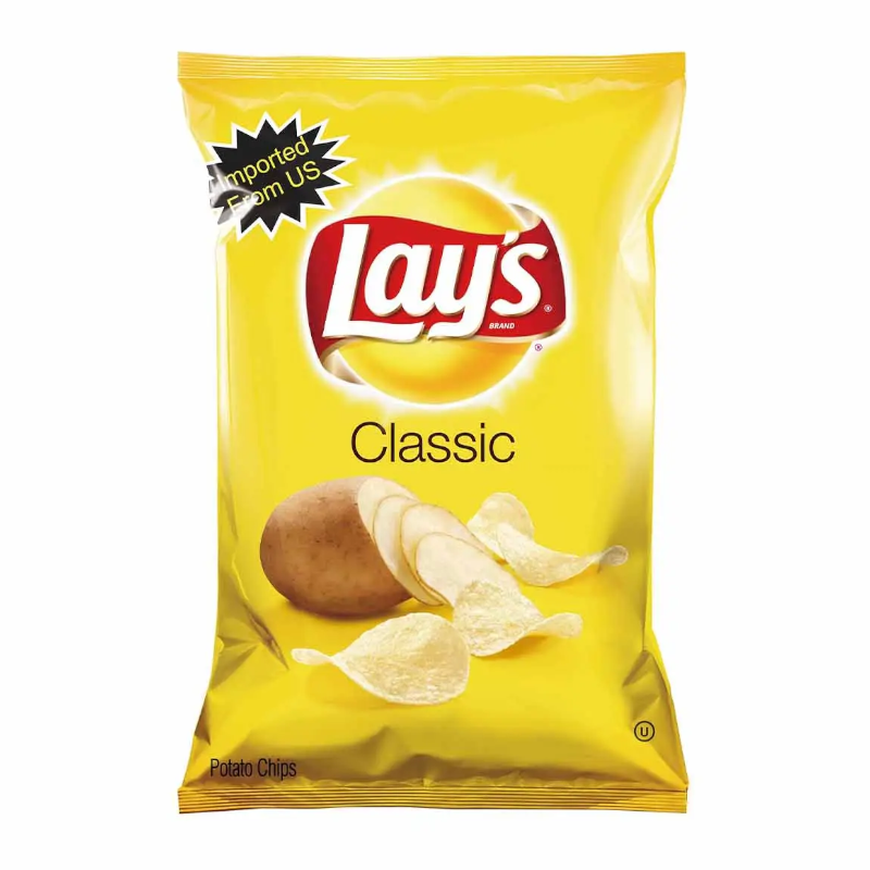 Front of Lay's Classic potato chips bag showcasing the iconic red logo, yellow background, and image of crispy potato chips (77.9g pack)