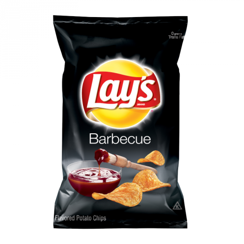 Front of Lay's Barbeque bag featuring the Lay's logo, barbecue flavour, and crispy potato chips with a dipping sauce (184.2g pack)