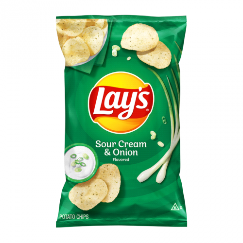 Front of Lay's Sour Cream & Onion bag showing bright green packaging, logo, and images of crispy potato chips with sour cream and onion elements (184.2g)