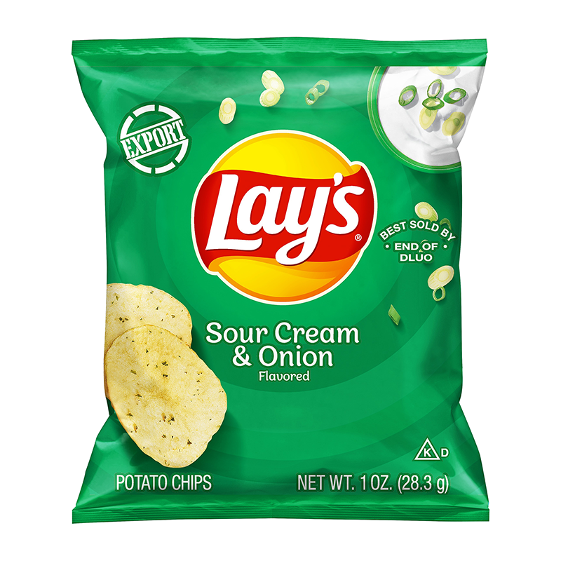 Front of Lay's Sour Cream & Onion bag displaying the logo, potato chips, and green background (28.3g pack)