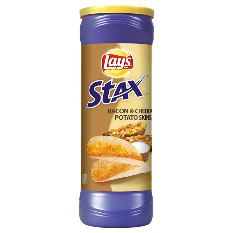 Front of Lay's Stax Bacon & Cheddar Potato Skin canister showing logo, flavour name, and image of potato skins (156g pack)