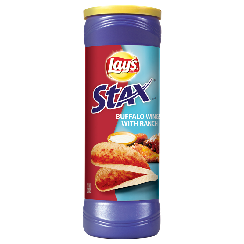 Front of Lay's Stax Buffalo Wings with Ranch canister showing bold logo, flavour label, and images of crispy snacks alongside creamy ranch dip (156g pack)