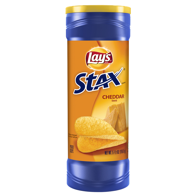 Front of Lay's Stax Cheddar canister featuring the brand logo, cheddar flavour label, and image of potato crisps (156g pack)