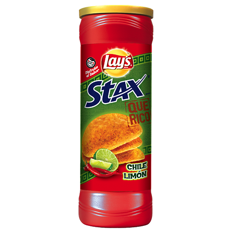 Front of Lay's Stax Que Rico Chile Limón canister showing logo, flavour details, and vibrant packaging (156g pack)