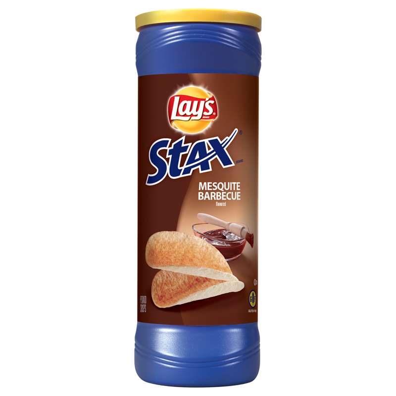 Front of Lay's Stax Potato Chips container featuring the logo, Mesquite Barbecue flavour label, and an image of the chips (156g pack)