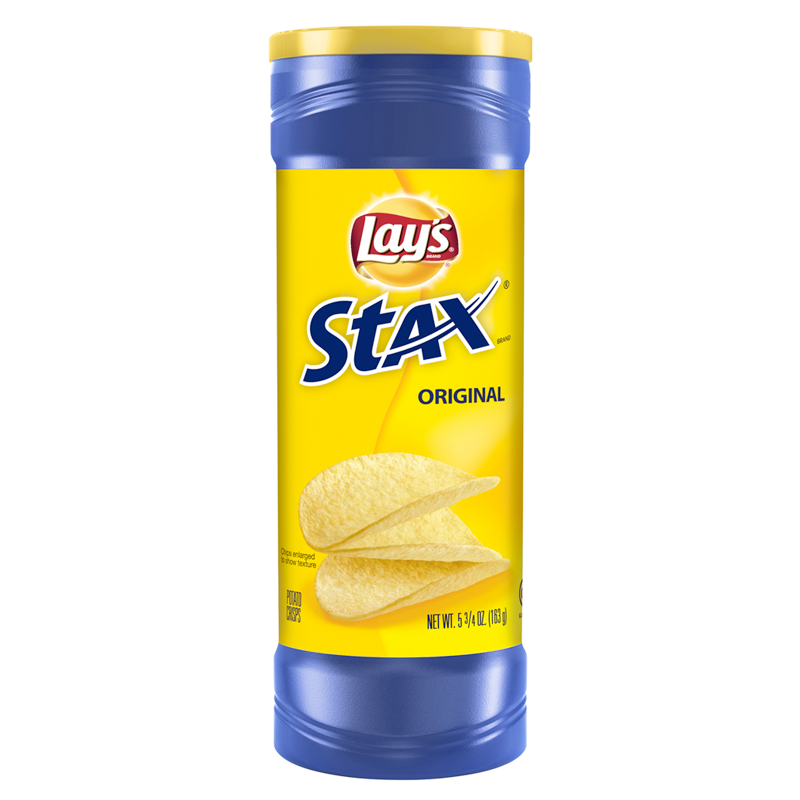Front of Lay's Stax Original tube showing yellow packaging, Lay's logo, and crispy potato crisps (156g pack)