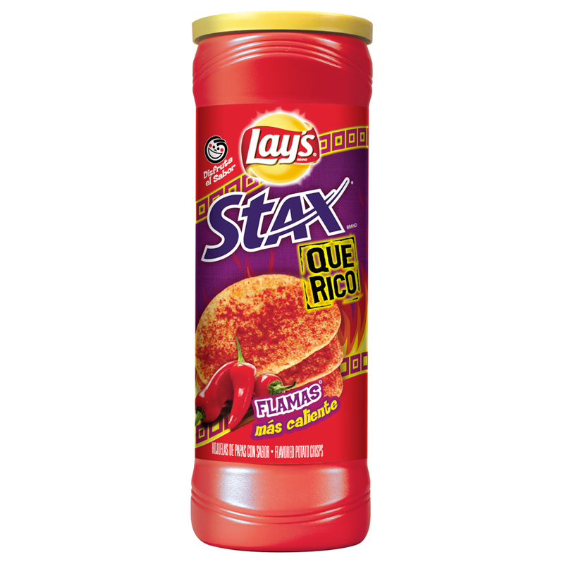 Front of Lay's Stax Que Rico Flamas canister showing red design, logo, and image of crisp flavour with pack size of 156g