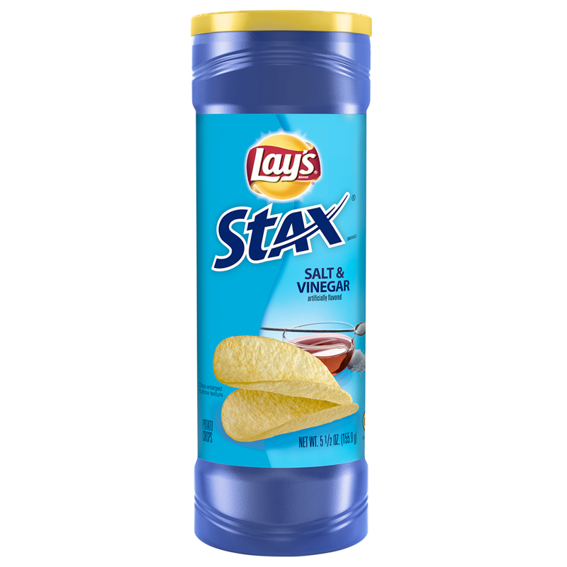 Front of Lay's Stax Salt & Vinegar container showing the bright blue label with bold logo and two crisps, 156g pack size