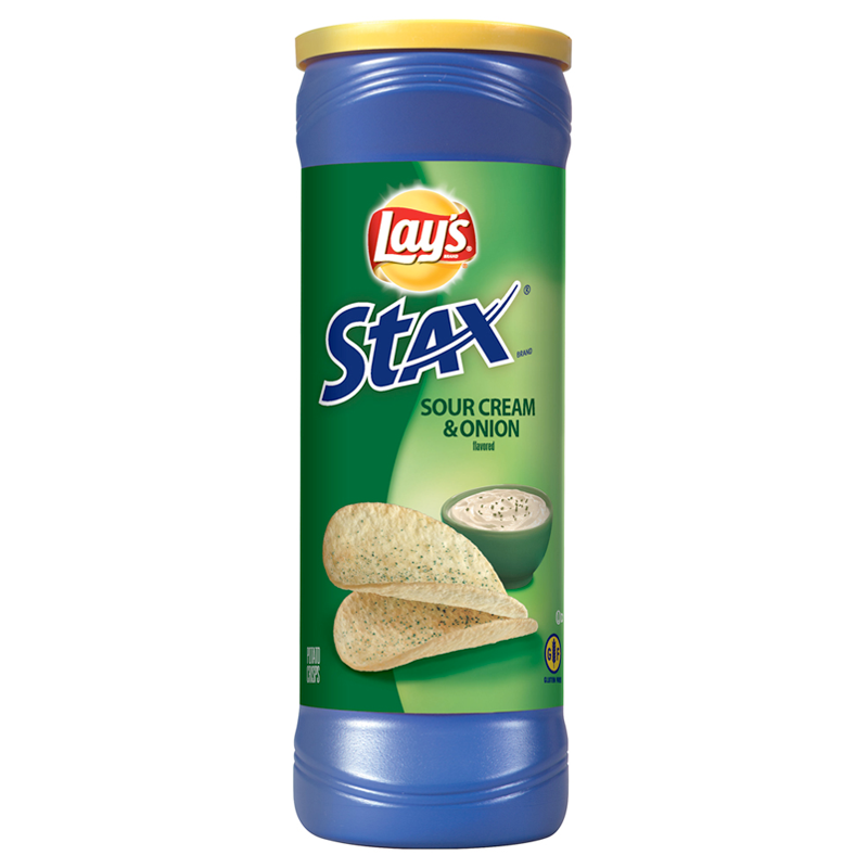 Front of Lay's Stax Sour Cream and Onion canister showing logo, flavour label, and crunchy crisps with dip (156g pack)