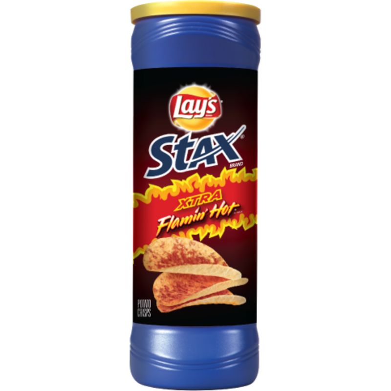 Front of Lay's Stax Xtra Flamin' Hot Potato Crisps tube showing bold logo with vivid flame design and image of potato crisps (156g pack)