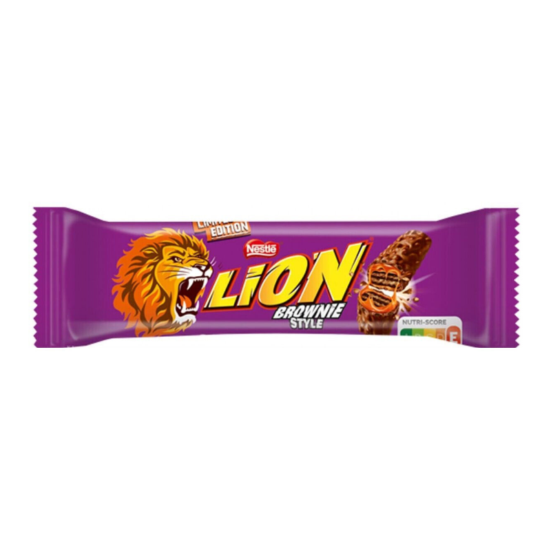 Front of Lion Bar Limited Edition Brownie wrapper showing bold yellow logo, brownie style label, and image of the product (40g).