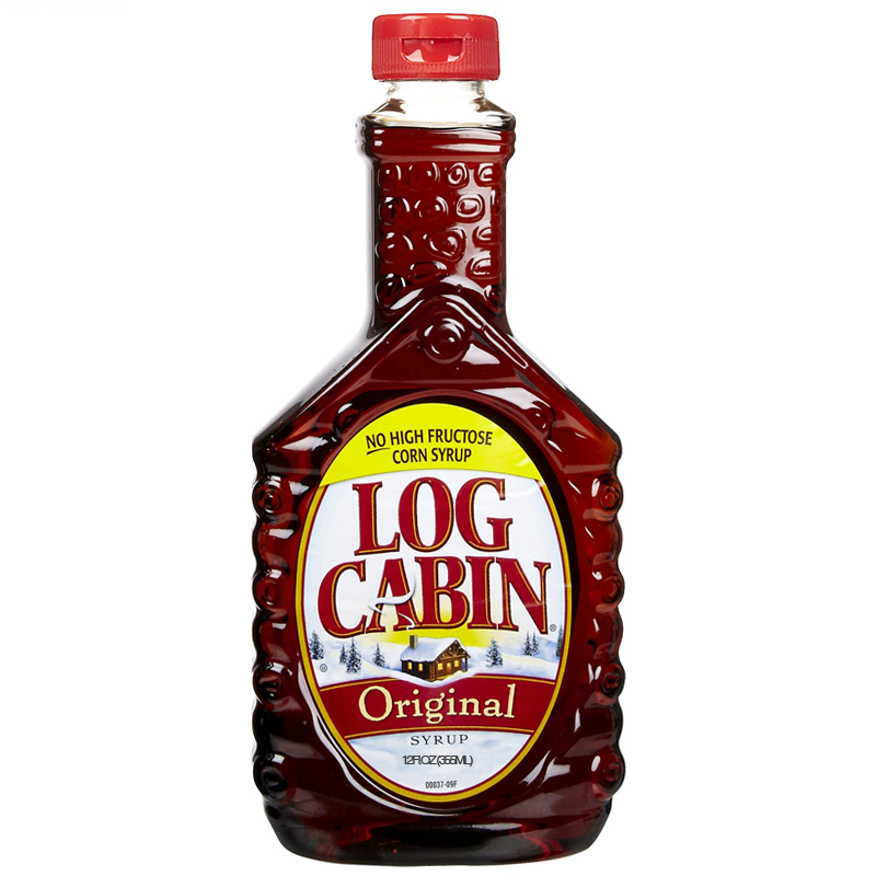 Front of Log Cabin Original Syrup bottle featuring bold logo, original syrup label, and shape of 355ml bottle