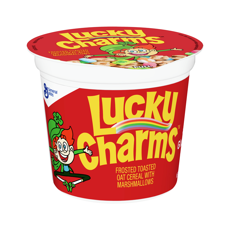 Front of Lucky Charms Cereal Cup showing bright red design, cartoon mascot, frosted toasted oat cereal with marshmallows and 42g size.