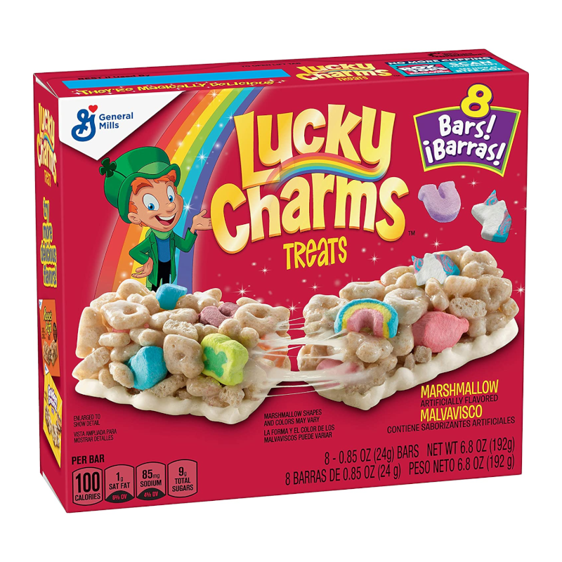 Front of Lucky Charms Treats Cereal Bars box showing colourful design with marshmallow cereal bars, featuring the Lucky Charms logo and 8 pack size (192g).