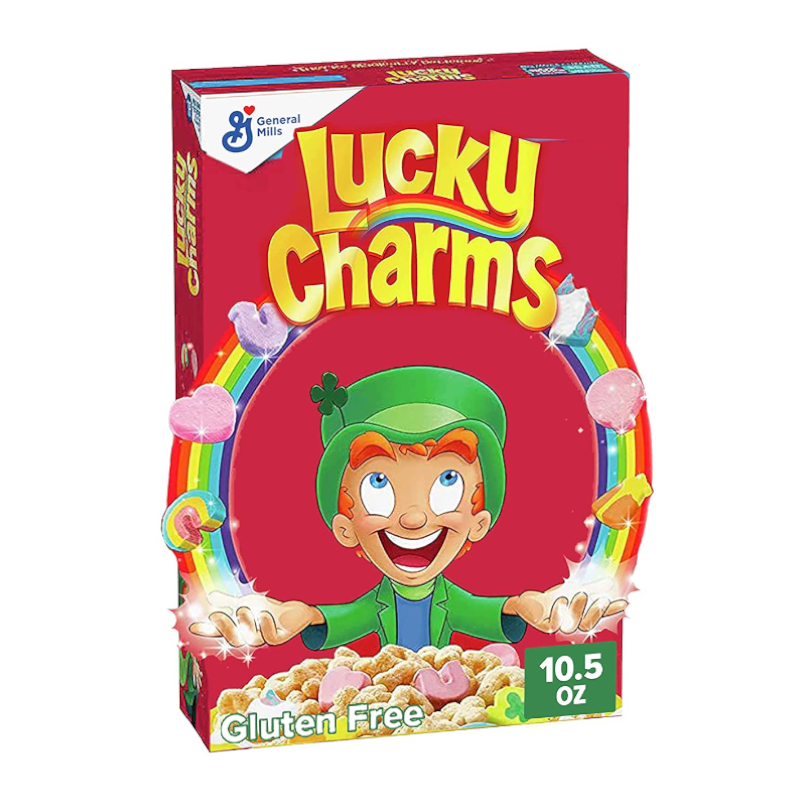 Front of Lucky Charms Cereal box featuring vibrant red and yellow logo, cartoon leprechaun, marshmallow charms, and 297g pack indication.