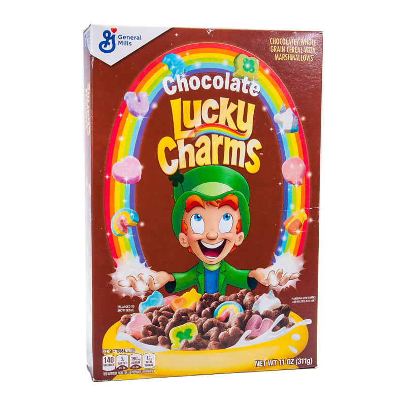Front of Lucky Charms Chocolate Cereal box featuring the logo, chocolatey cereal, colourful marshmallows, and pack size of 311g