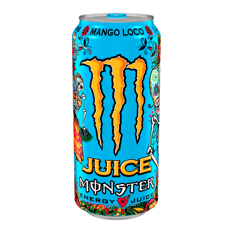 Front of Monster Mango Loco can featuring vibrant blue design, mango flavour label, and the Monster logo (500ml pack)