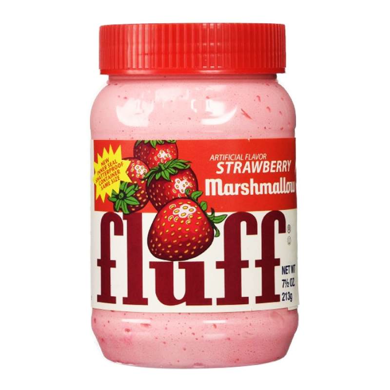 Front of Fluff Marshmallow Strawberry Spread jar showing brand logo, strawberry flavour indication, and 213g pack size.
