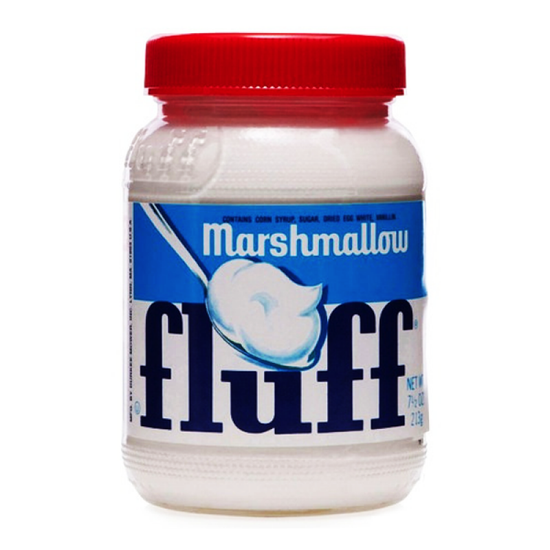Front of Fluff Marshmallow Vanilla jar showing a white marshmallow spread, blue label, and red lid (212g pack)
