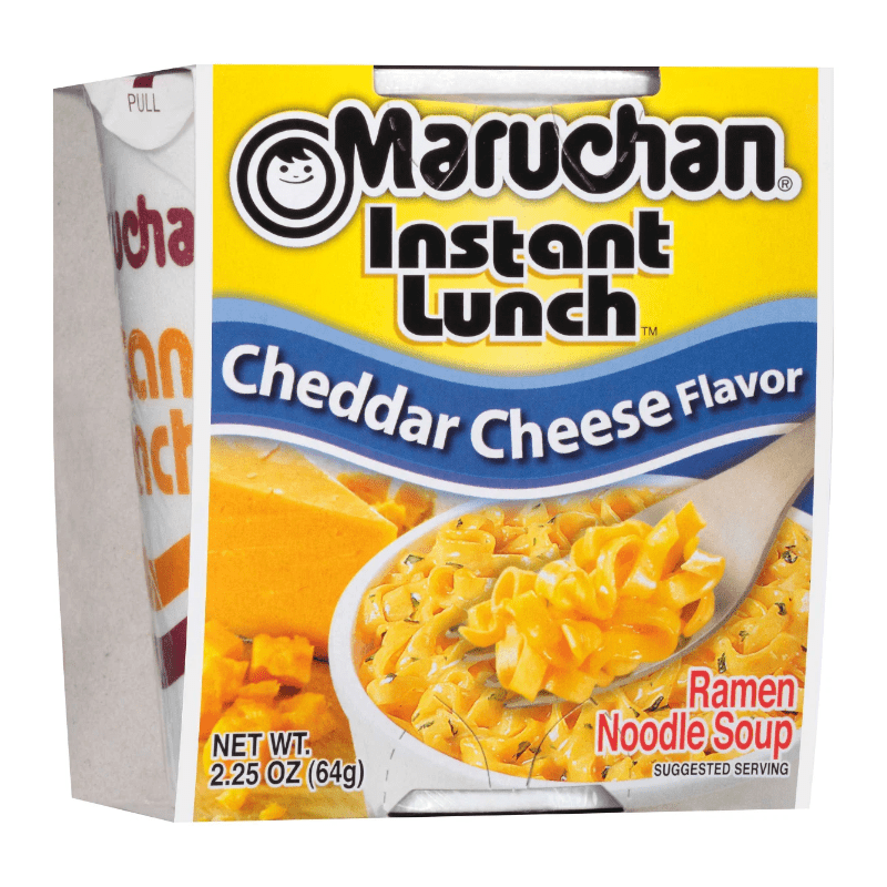 Front of Maruchan Cheddar Cheese Flavour Instant Lunch cup showing logo, noodle soup with cheddar cheese and spoon (64g pack)