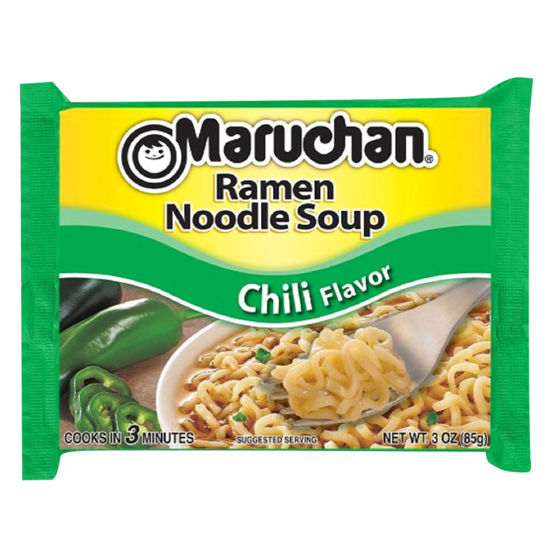 Front of Maruchan Chilli Flavour Ramen Noodles packaging showing brand logo, flavour information, and cook instructions (85g pack)