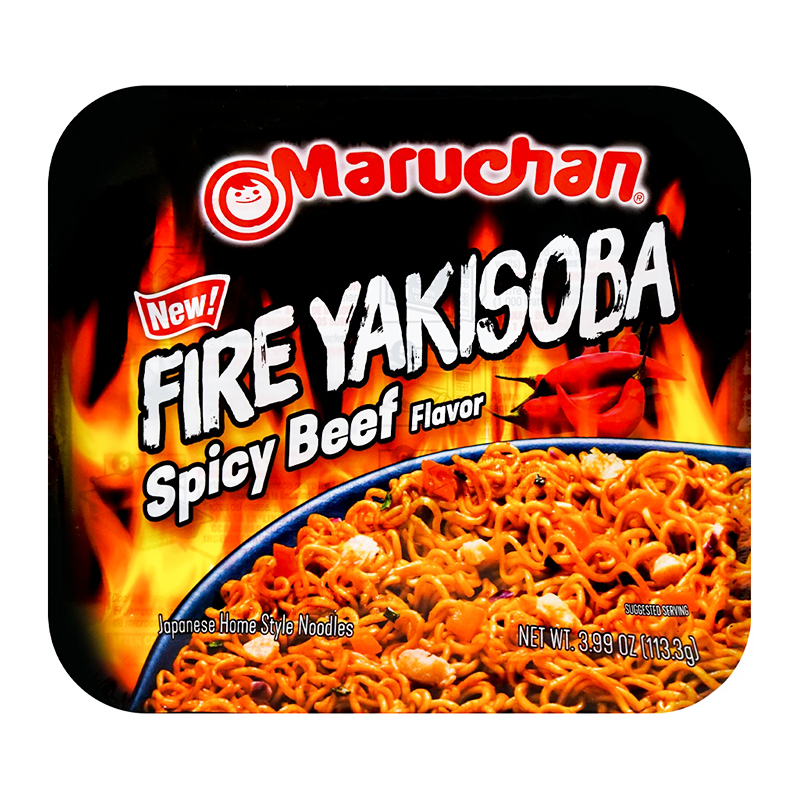 Front of Maruchan Spicy Fire Beef Flavour Yakisoba Noodles packaging showing bold red and black design, product name, flavour, and 113g pack size.