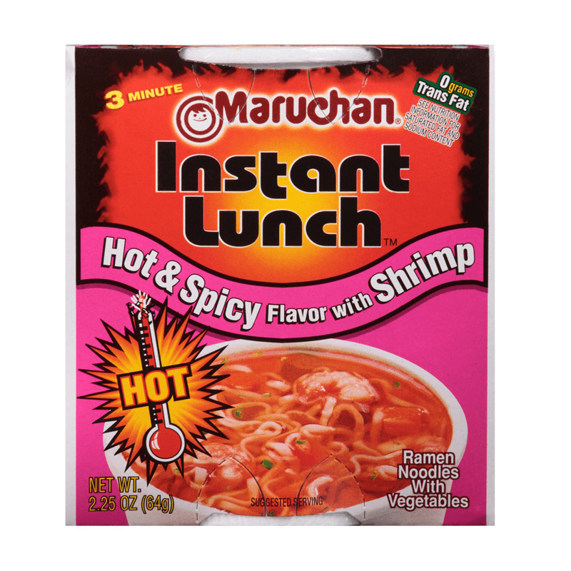 Front of Maruchan Hot & Spicy Shrimp Flavour Instant Lunch Ramen Noodles package showing bold pink and orange graphic, shrimp flavour details, and 64g pack size.