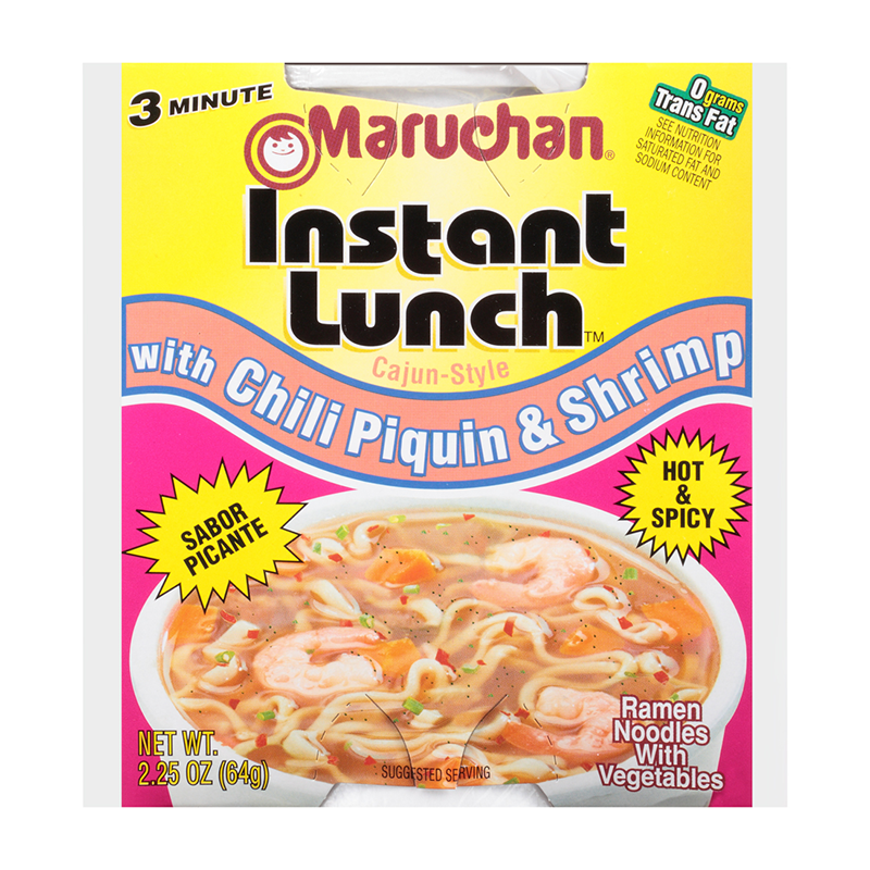 Front of Maruchan Chilli Piquin & Shrimp Flavour Instant Lunch Ramen Noodles pack displaying bright label with shrimp and ramen graphics (64g)