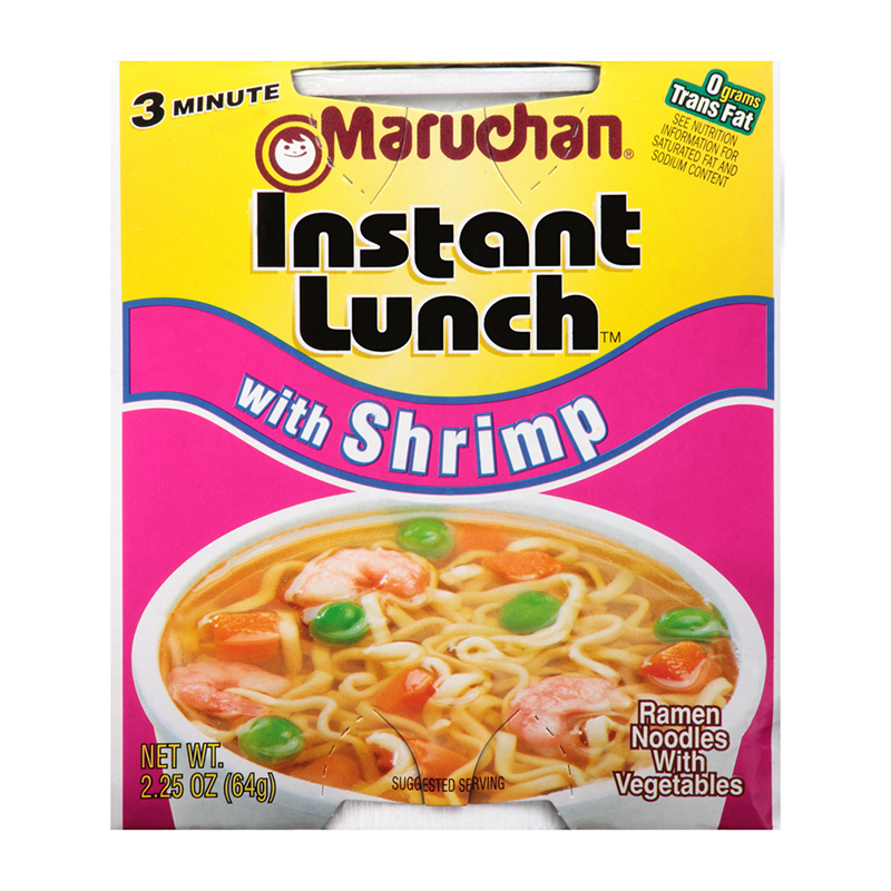 Front of Maruchan Shrimp Flavour Instant Lunch Ramen Noodles package showing bright yellow background, shrimp flavour label, and bowl of noodles with vegetables (64g pack)