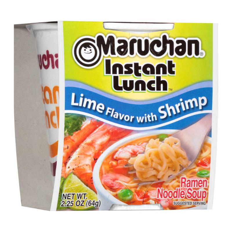 Front of Maruchan Lime Shrimp Flavour Instant Lunch Ramen Noodles cup showing logo, lime flavour indication, and shrimp images (64g pack)