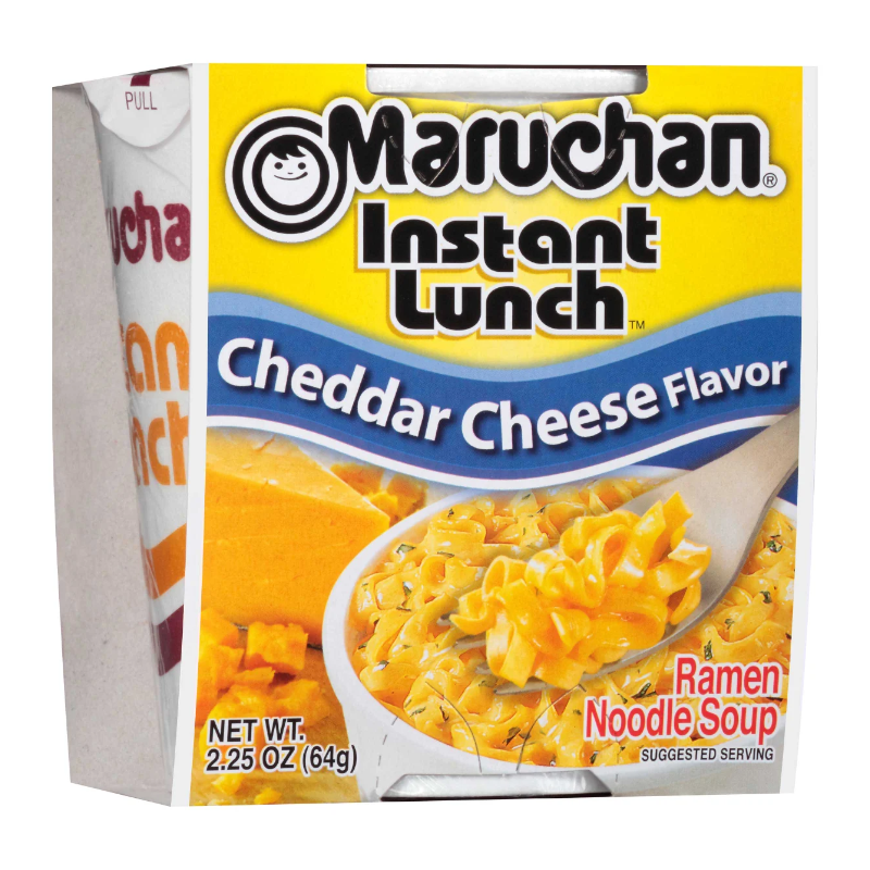 Front of Maruchan Cheddar Cheese Flavour Instant Lunch cup showing logo, noodle soup with cheddar cheese and spoon (64g pack)