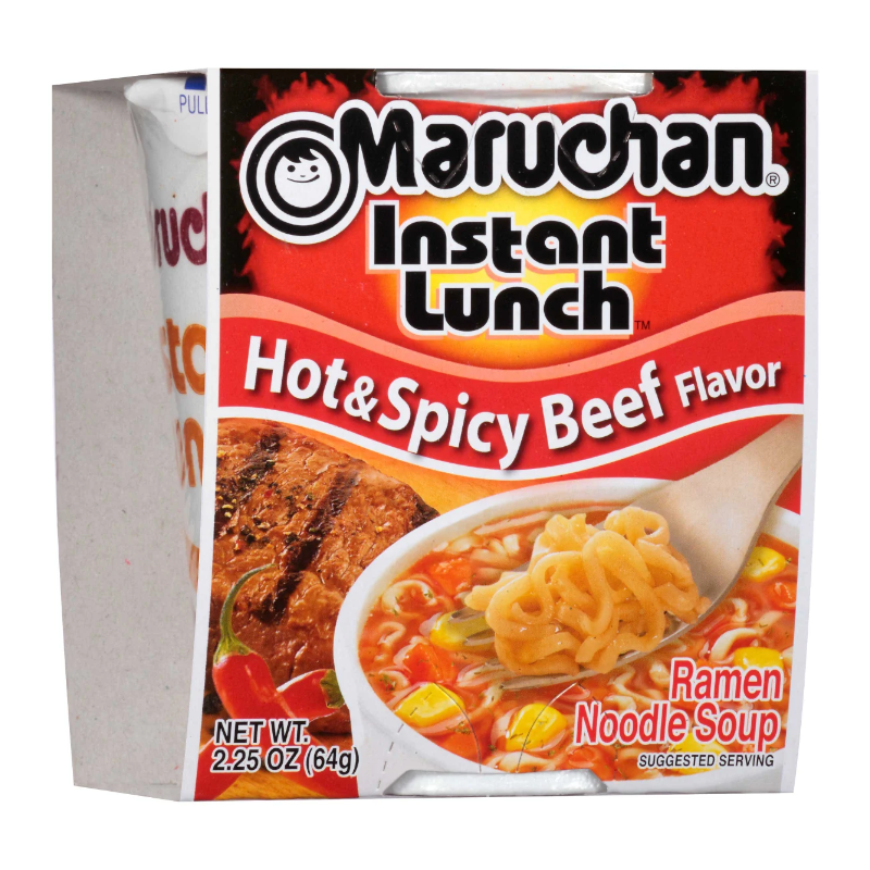 Front of Maruchan Hot & Spicy Beef Flavour Instant Lunch Ramen Noodles cup showing logo, noodle soup with beef and vegetables, and 64g pack size.