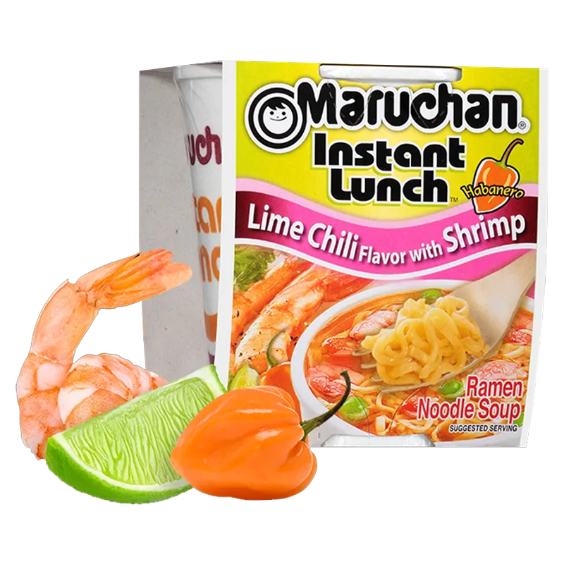 Front of Maruchan Lime Chili Shrimp Instant Lunch Ramen Noodles cup showing the logo, lime chili flavour, shrimp image, and ramen noodle soup details (64g)