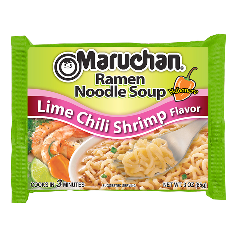 Front of Maruchan Lime Chili Shrimp Flavour Ramen Noodles package showing vibrant label with shrimp, lime, and noodle image (85g pack)