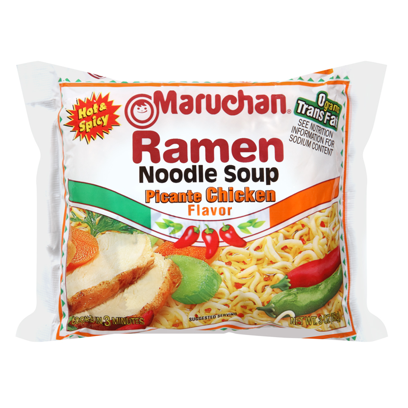 Front of Maruchan Picante Chicken Flavour Ramen Noodles package showing logo, noodle soup image, cook time, and 85g pack size.