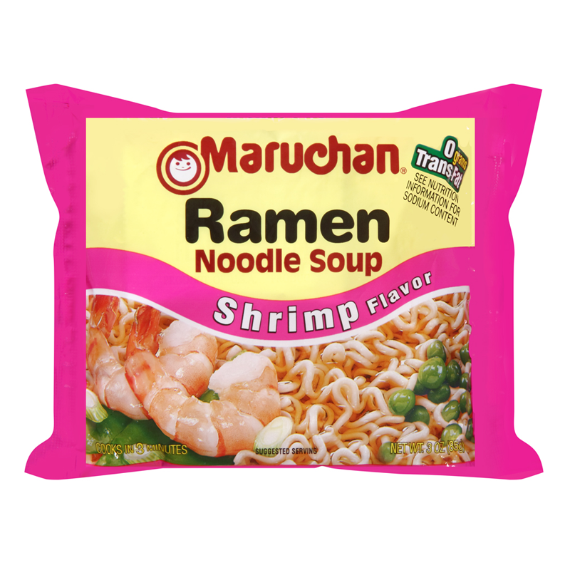 Front of Maruchan Ramen Noodle Soup package featuring pink design, shrimp flavour label, and image of noodles with shrimp (85g pack)