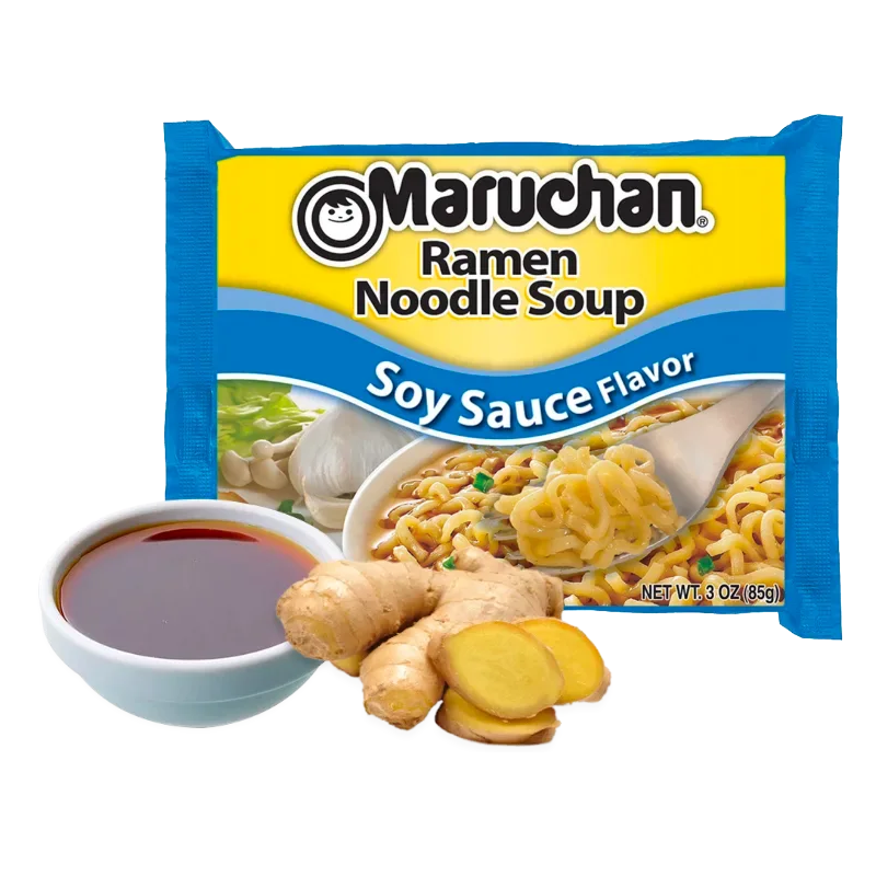 Front of Maruchan Ramen Noodle Soup package showing yellow logo, soy sauce flavour label, and image of noodles in a bowl (85g pack)