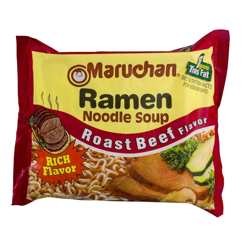 Front of Maruchan Roast Beef Flavour Ramen Noodles pack showing bold logo, rich flavour label, and image of noodles with beef (85g pack)