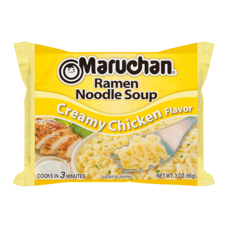 Front of Maruchan Creamy Chicken Flavour Ramen Noodles packet showing the logo, creamy chicken flavour, and image of noodles (85g pack)