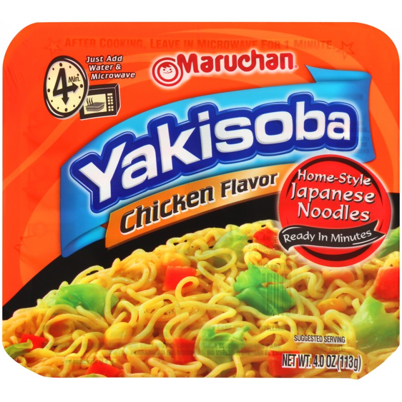Front of Maruchan Chicken Flavour Yakisoba Noodles packaging featuring bold orange and blue design, showcasing home-style noodles ready in minutes (113g)