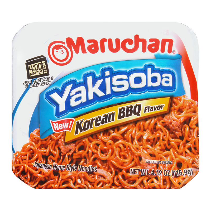 Front of Maruchan Korean BBQ Flavour Yakisoba Noodles package showing the brand logo, product name, flavour details, and pack size (116.9g)