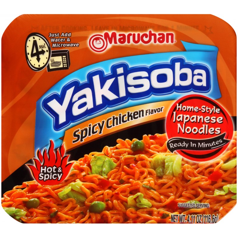 Front of Maruchan Spicy Chicken Flavour Yakisoba Noodles pack showing logo, bold orange design, and vibrant noodles with vegetables (116.6g pack)